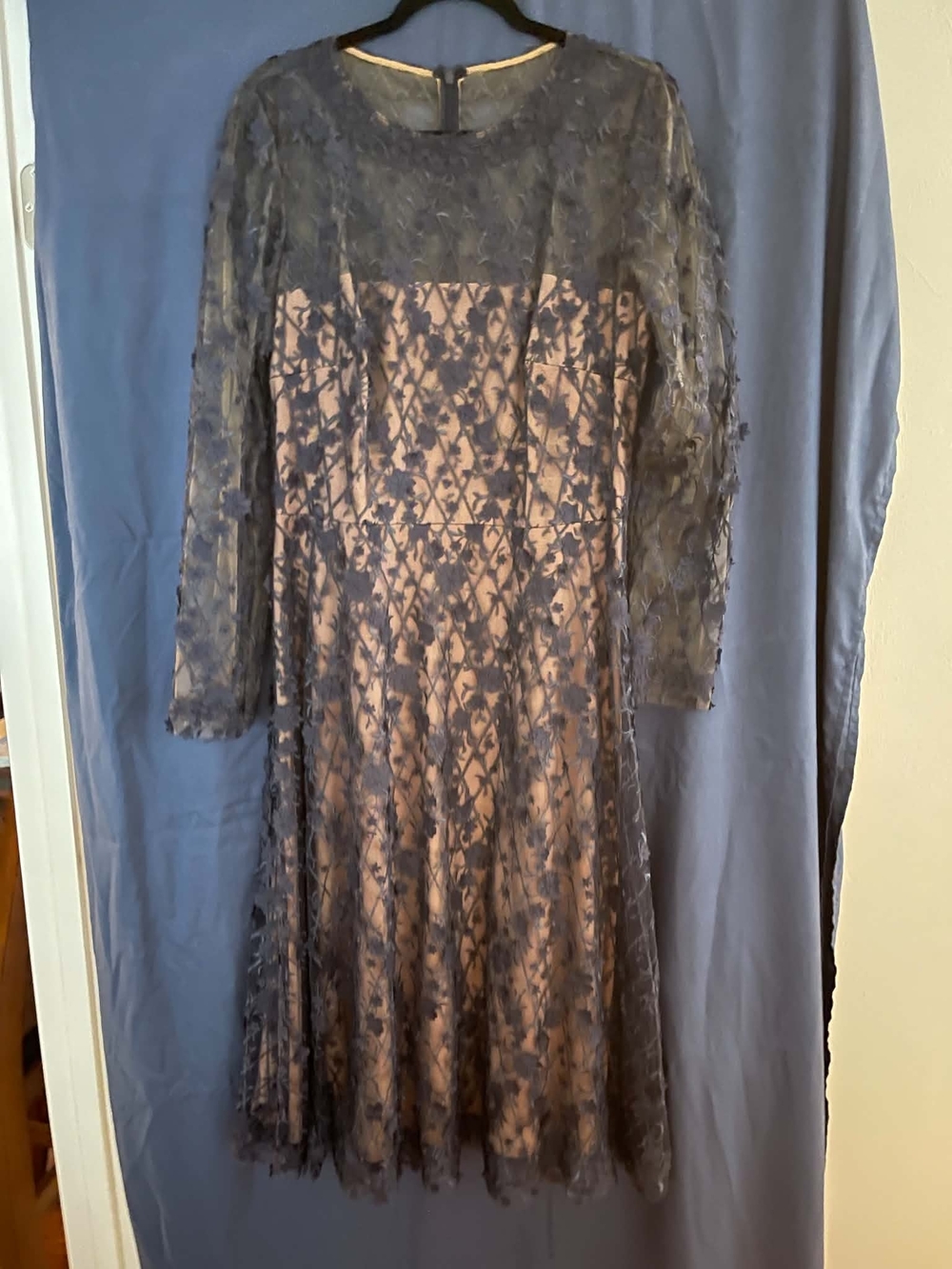 Tadashi Shoji Navy Lace Overlay Dress with Blush Lining